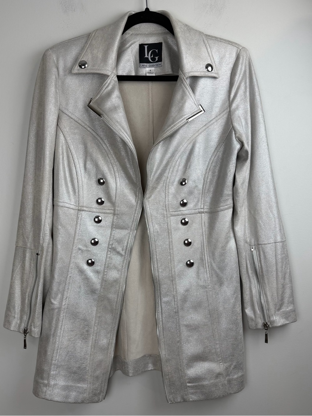 Lena Gabrielle Women’s Pearl/ Ivory Vegan Leather Trench Long Coat Size 4